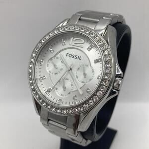 Women’s Fossil Riley ES3202 Crystal Bezel Steel Silver Tone 38mm Watch Working